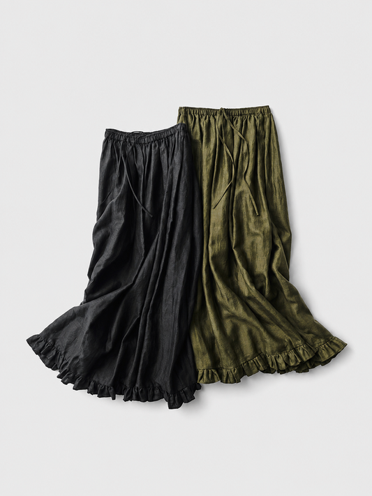 【Only few left】 French Linen Frilled Hem Gather Skirt