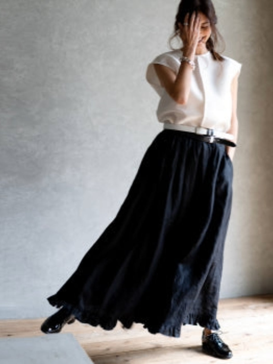 【Only few left】 French Linen Frilled Hem Gather Skirt