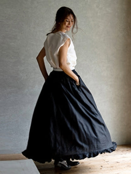 【Only few left】 French Linen Frilled Hem Gather Skirt