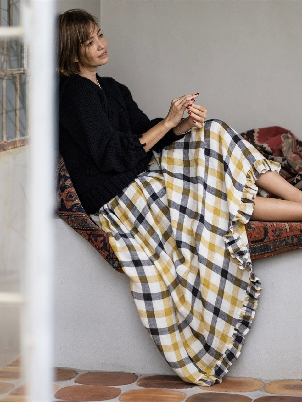 【Only few left】 French Linen Frilled Hem Gather Skirt